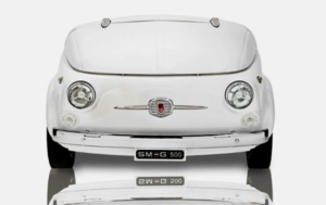 Smeg 500 mini fridge mimics the front end of Fiat 500 car