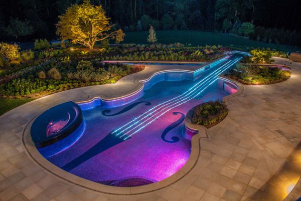 Stradivarius Violin-shaped backyard swimming pool by Cipriano Landscape Design