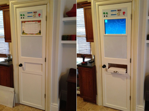 Hack: Old computer built into kitchen door to read recipes, watch videos