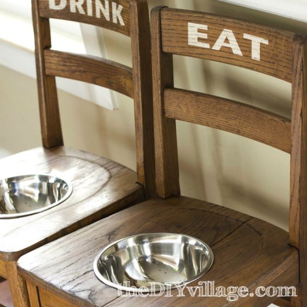 Dog Feeding Station: A DIY product created by recycling old wooden chairs