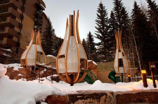 Tres Birds Workshop creates wooden nests for kids playground in Vail, Colorado