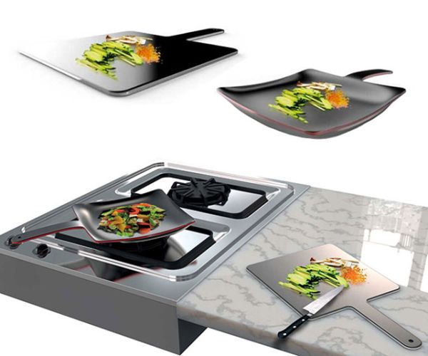 Curling Pan is a cutting board and frying pan in one