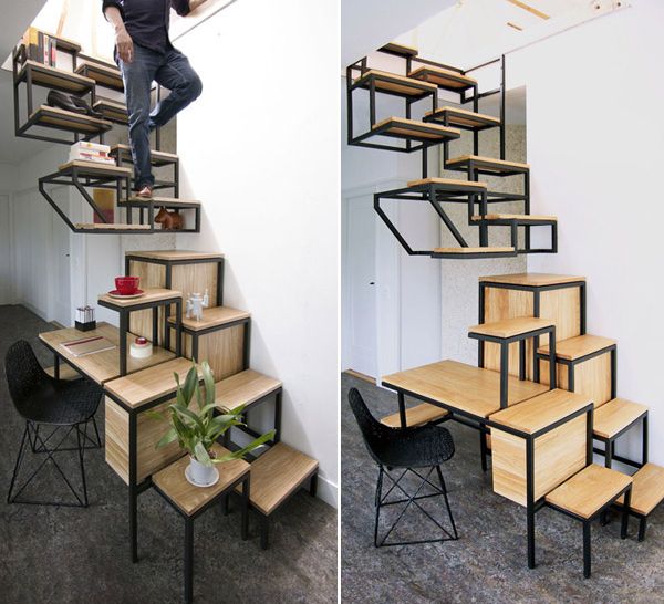 Suspended staircase features desk, storage space and is easy to climb