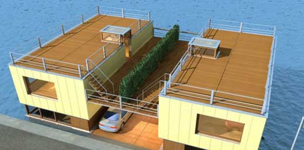 Two-story Drive-in amphibious home by Waterstudio