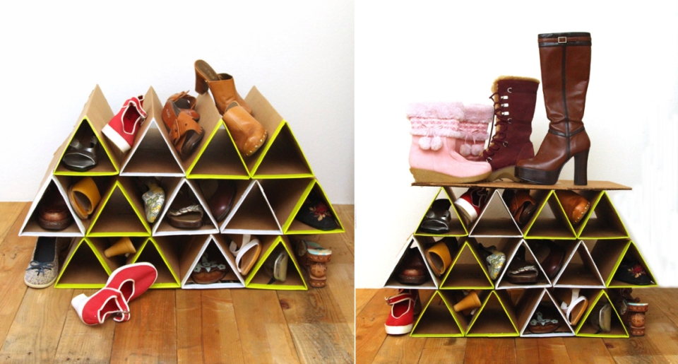 DIY space-saving cardboard shoe rack with geometric truss - HomeCrux