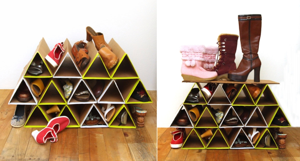 DIY space-saving cardboard shoe rack with geometric truss - HomeCrux