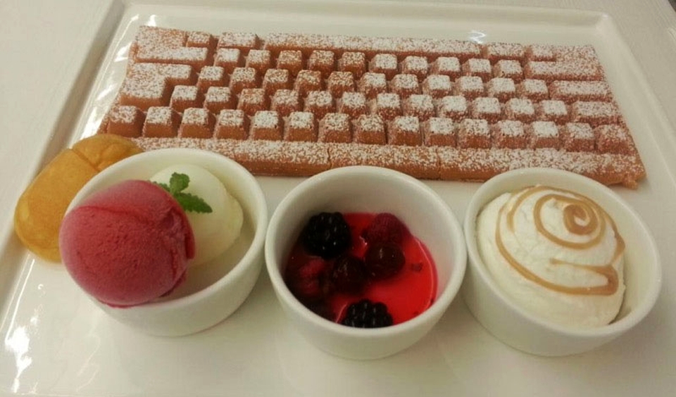 Keyboard waffles and mouse-shaped bread