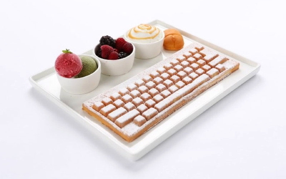 Keyboard waffles and mouse-shaped bread