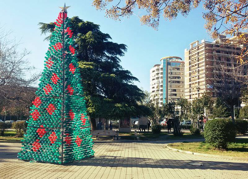 elbasan residents create 2200 recycled plastic bottle christmas tree create christmas picture