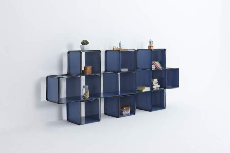 +X modular bookshelf holds your books diagonally