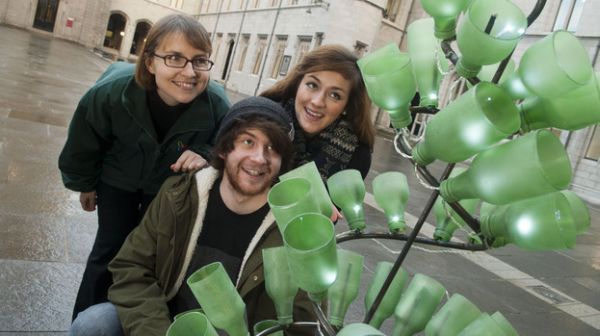 Design students contrive Christmas tree out of recycled bottles
