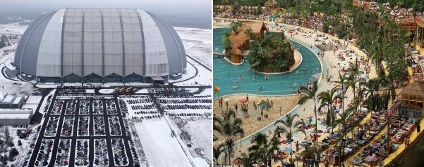 Tropical island German hangar surrounded by snow