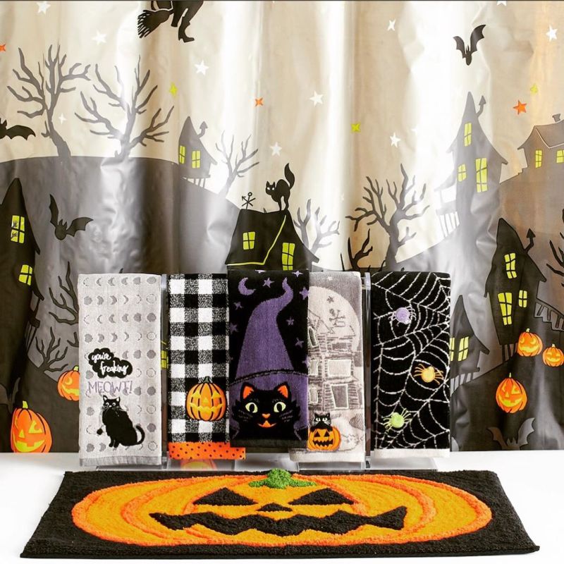 Halloween-themed curtains, towels, floor mat, etc.