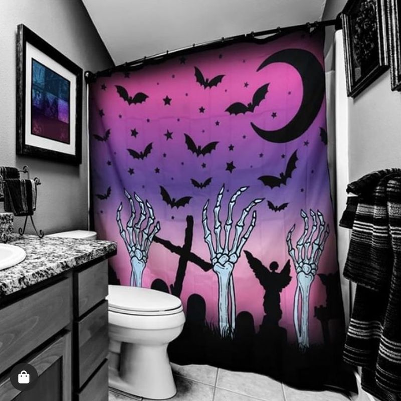 Halloween-themed curtains, towels, floor mat, etc.
