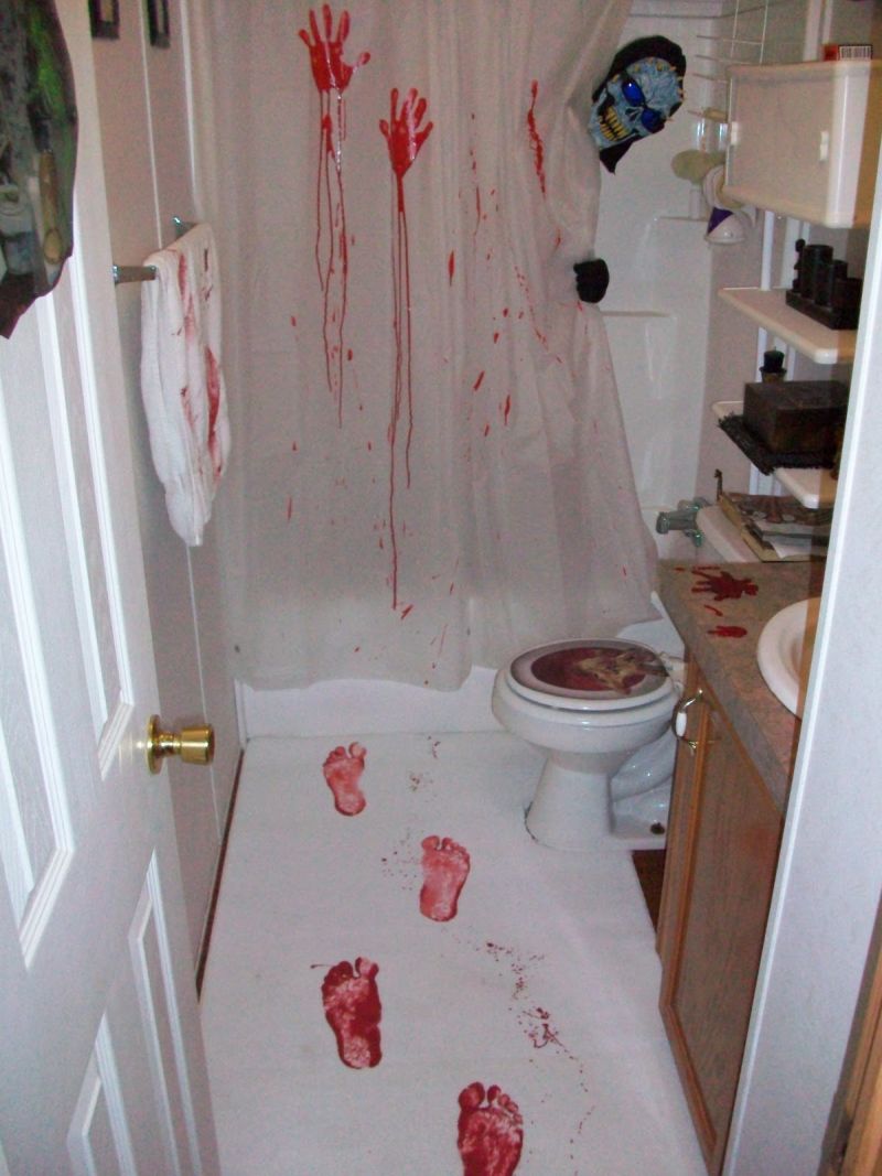 Setup bathroom like a scary murder scene for Halloween