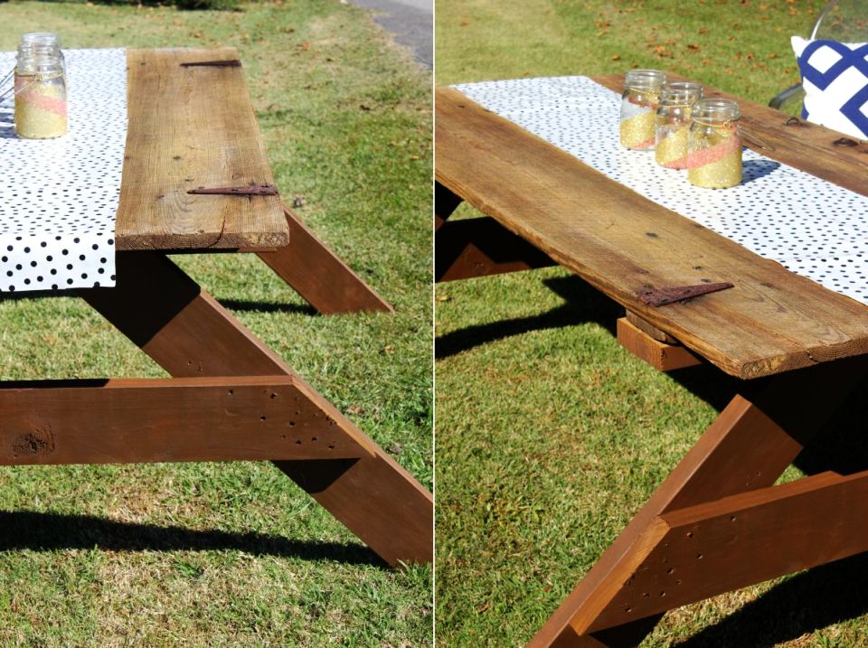 Elegant DIY picnic table made from reclaimed barn door 