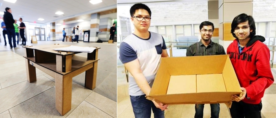 Engineering students build cardboard furniture for refugee camps