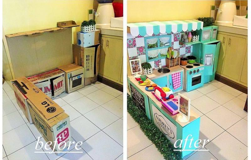 Mom Creates Lovely Cardboard Play Kitchen For Her Little Girl