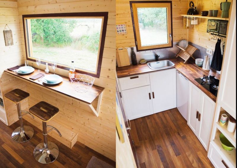 Bar stools and built-in shelf for dining