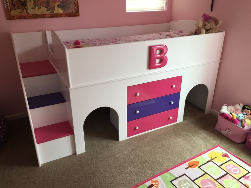 The bed complete with pink LED-lit tunnel