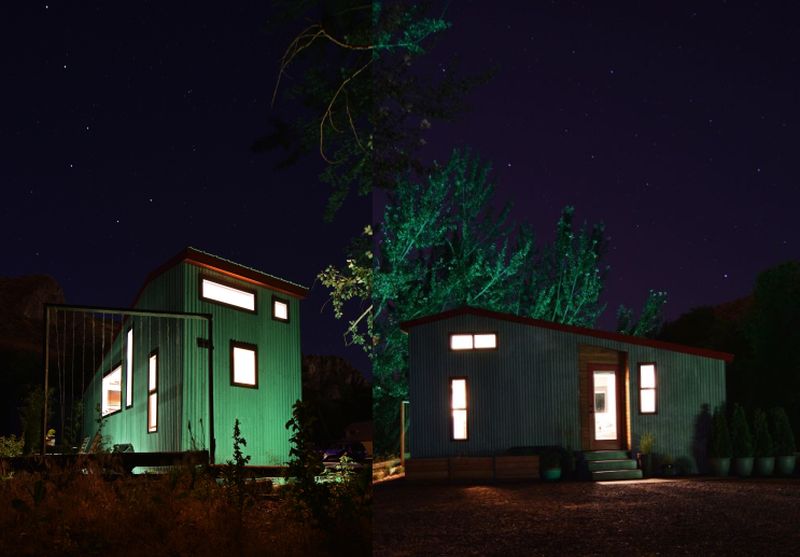 Night view of Shed tiny house