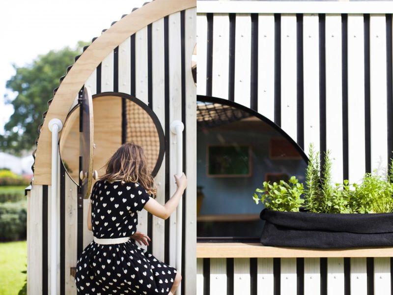 A number of round doors and windows to maximise playfulness of the Vardo Hut