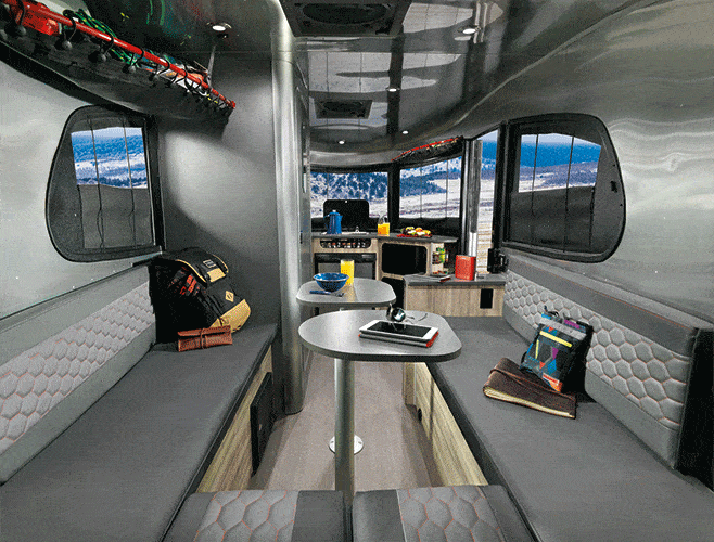 Airstream Basecamp is a shiny aluminum trailer with luxurious features