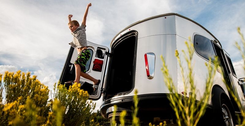 Airstream Basecamp is a shiny aluminum trailer with luxurious features