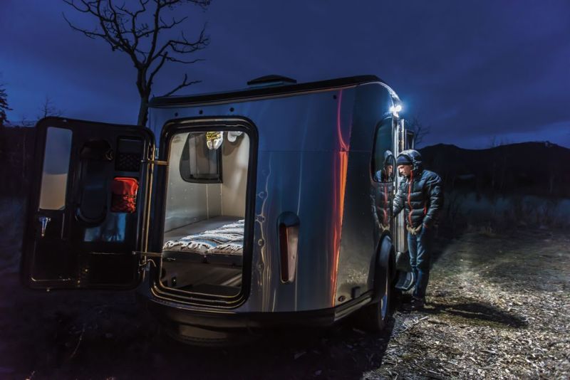 Airstream Basecamp is a shiny aluminum trailer with luxurious features