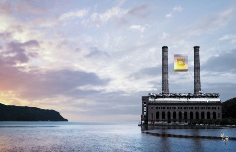 Glass-cube featuring restaurant hanged between two towers of the Glenwood Plant