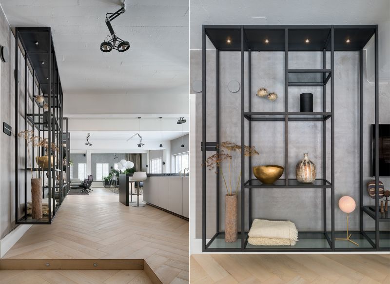 Large cabinets integrated against the walls