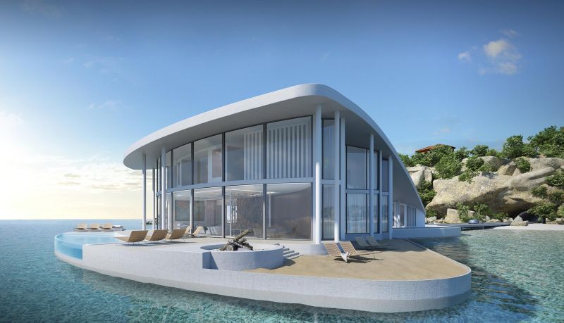 The deck space has a artificial beach, infinity pool and a hot tub and
