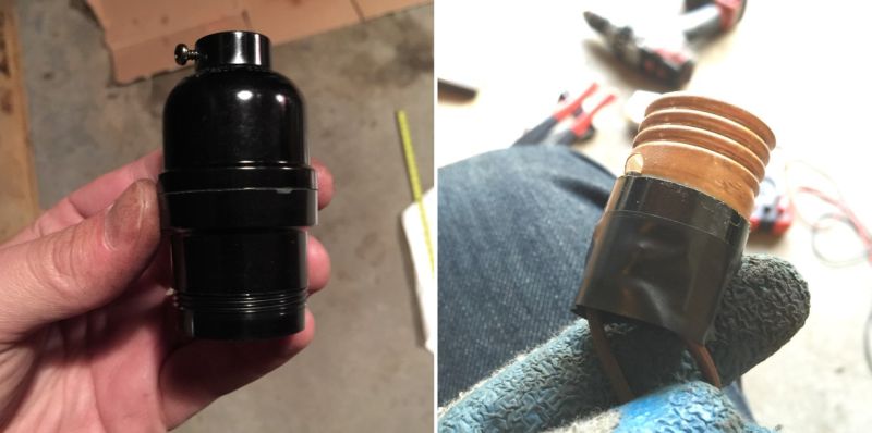 Attaching light sockets to the pipe pieces with rivets