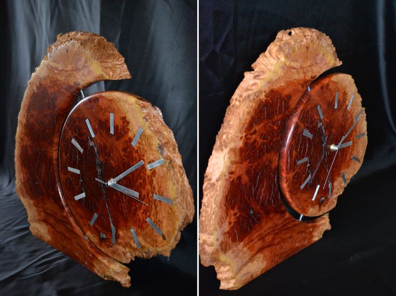 A rustic burl wall clock by Wesley Inglis