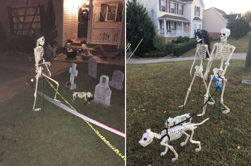 The skeleton family fetching their pets