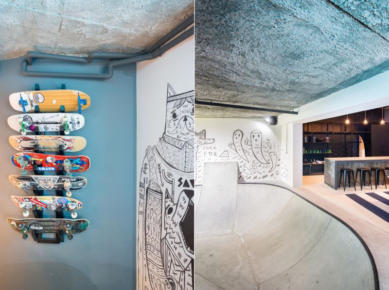 A custom shelf by the side of skating bowl