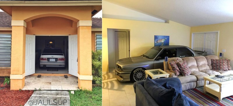 Randy (Jalilsup) drives his BMW inside the house