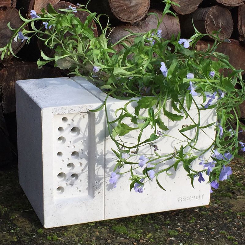 Concrete planter with tiny bee hotel