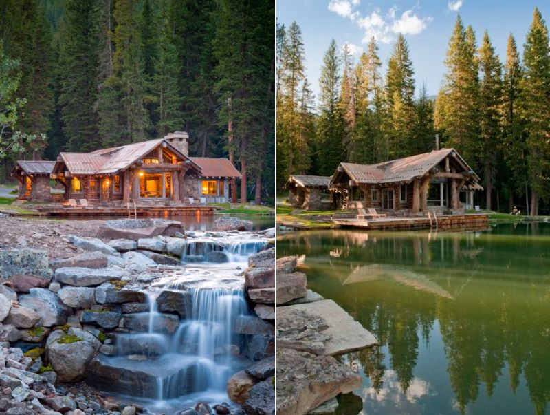 Headwaters Camp is a rustic cabin that sits over a pond