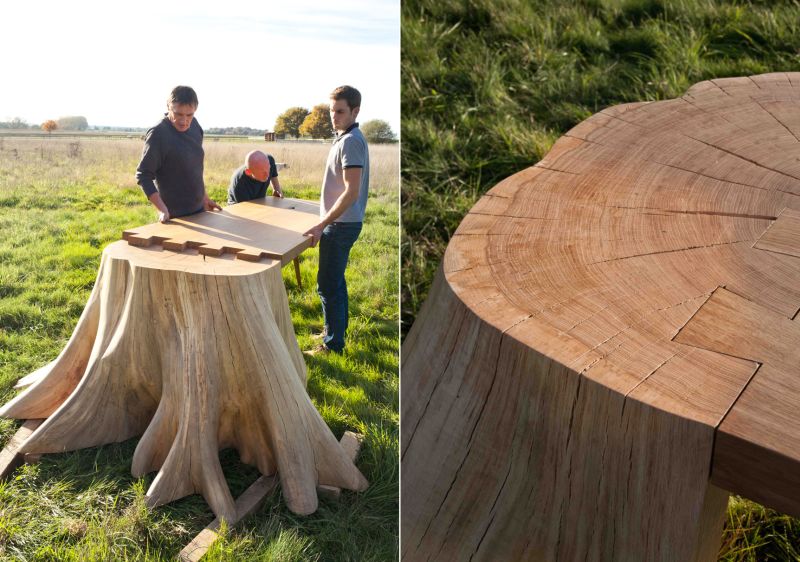 Dovetail joinery for connecting tabletop with the tree stump