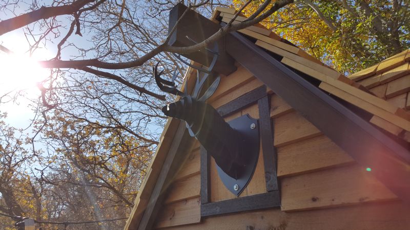 gabled roof features a custom deer head