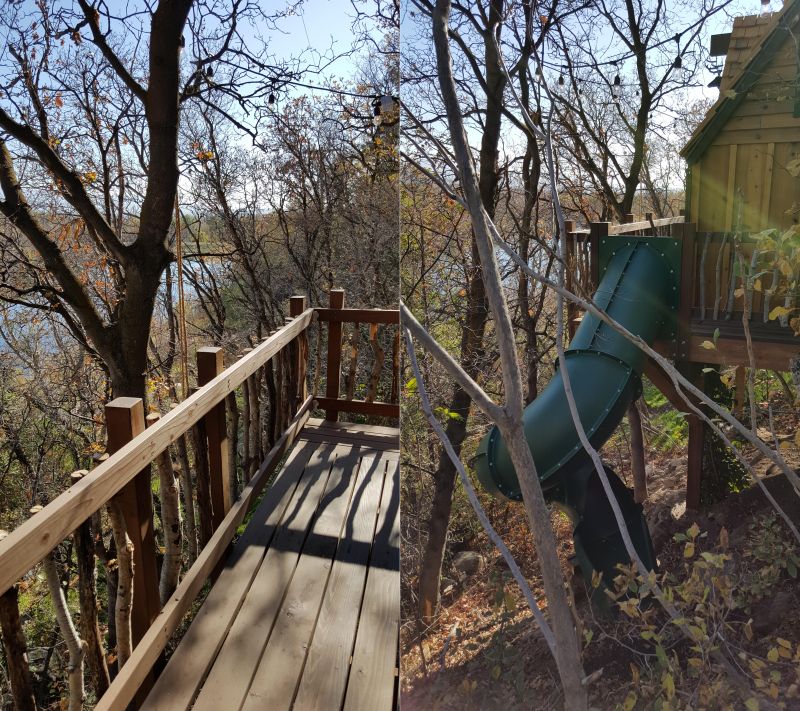 Slide and a rope with attached bucket for sending stuff to the deck