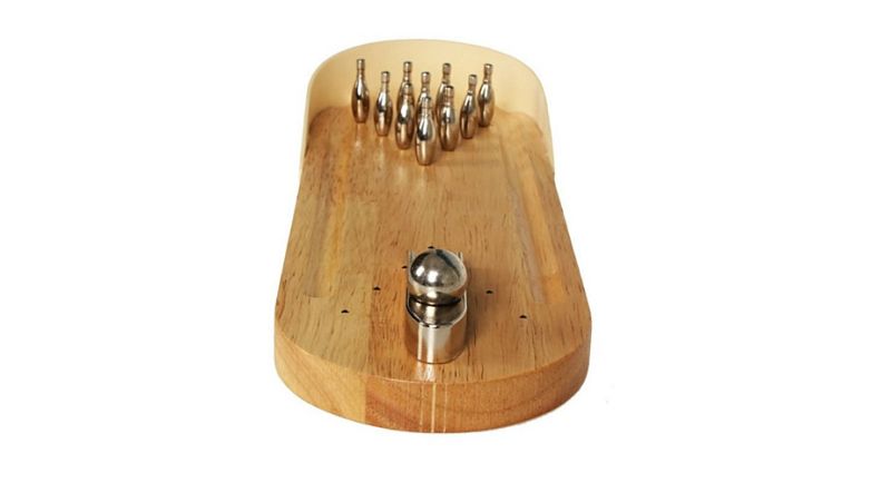 Kingpin mini bowling alley by Sky Innovations is a stylish tabletop accessory