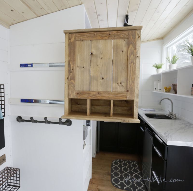 Ana White’s open concept tiny house features elevator bed to save space