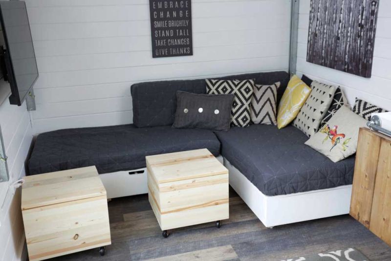 Ana White’s open concept tiny house features elevator bed to save space