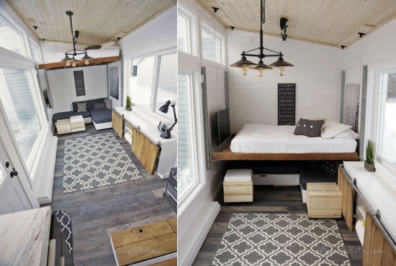 Ana White’s open concept tiny house features elevator bed to save space