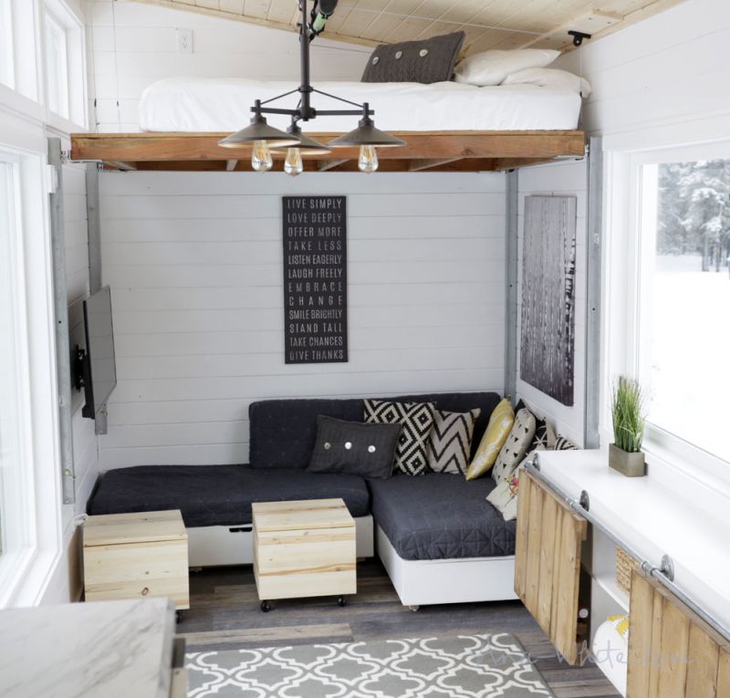 Ana White’s open concept tiny house features elevator bed to save space