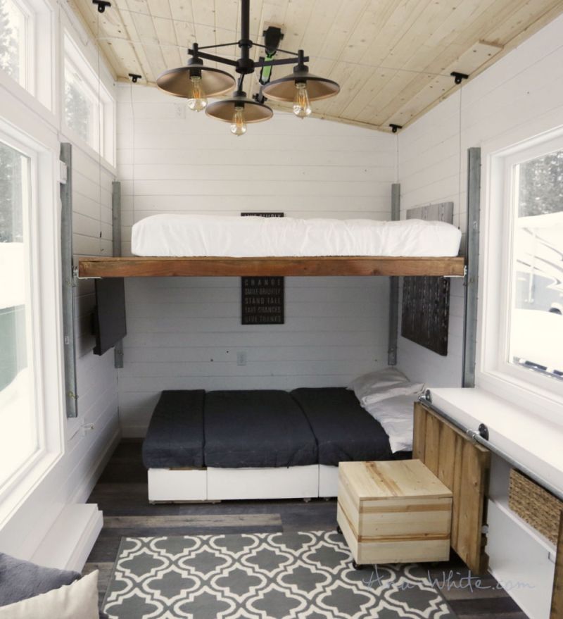 Ana White’s open concept tiny house features elevator bed to save space