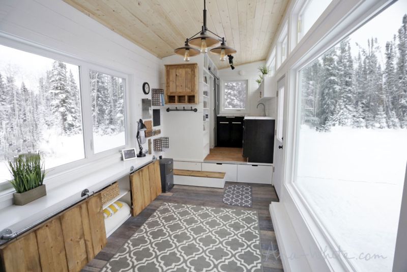 Ana White’s open concept tiny house features elevator bed to save space