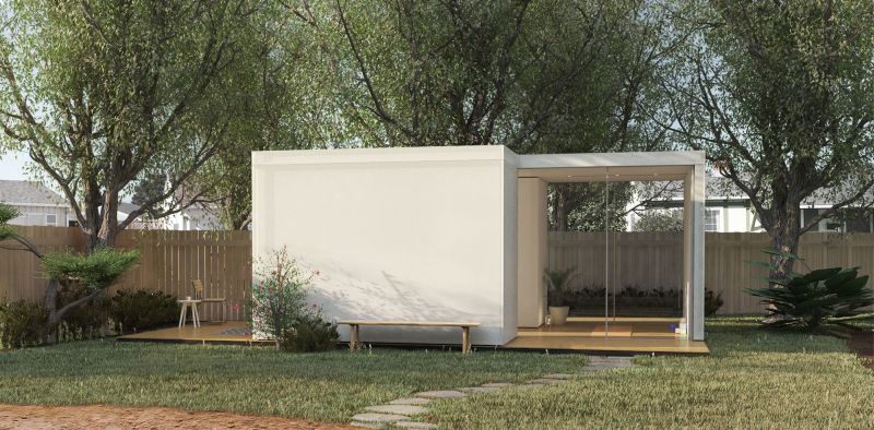 Prefab backyard cabin by Cover is made of pre-insulated steel panels